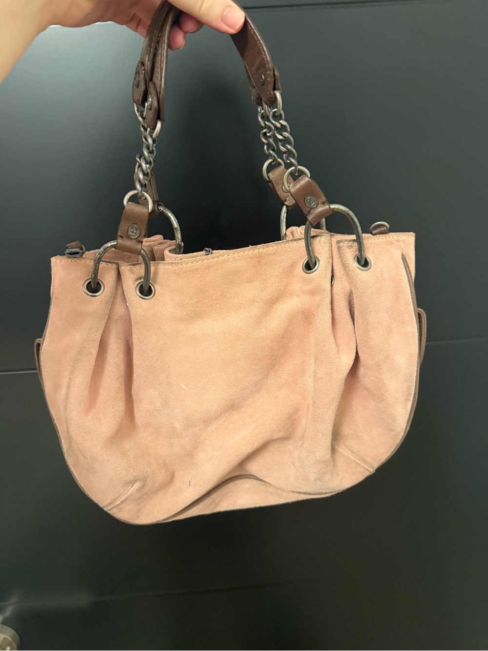 Juicy Couture Blush Pink Suede Shoulder Tote with Brown Leather Trim